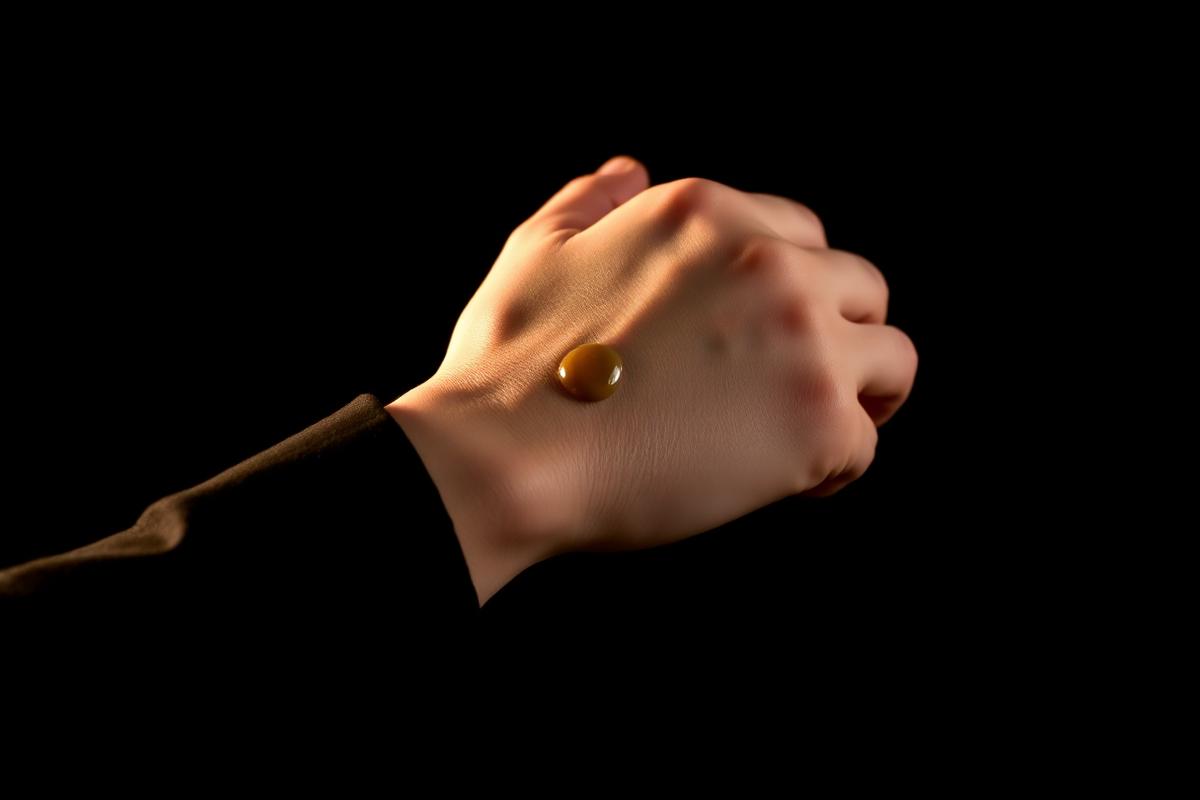 A drop of attar being applied to the wrist pulse point