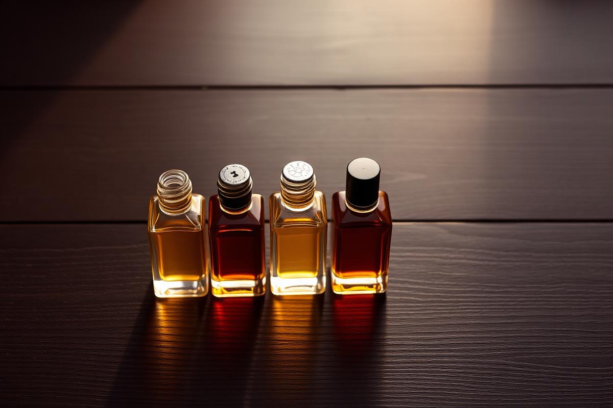 Three small traditional attar bottles lined up on dark wood
