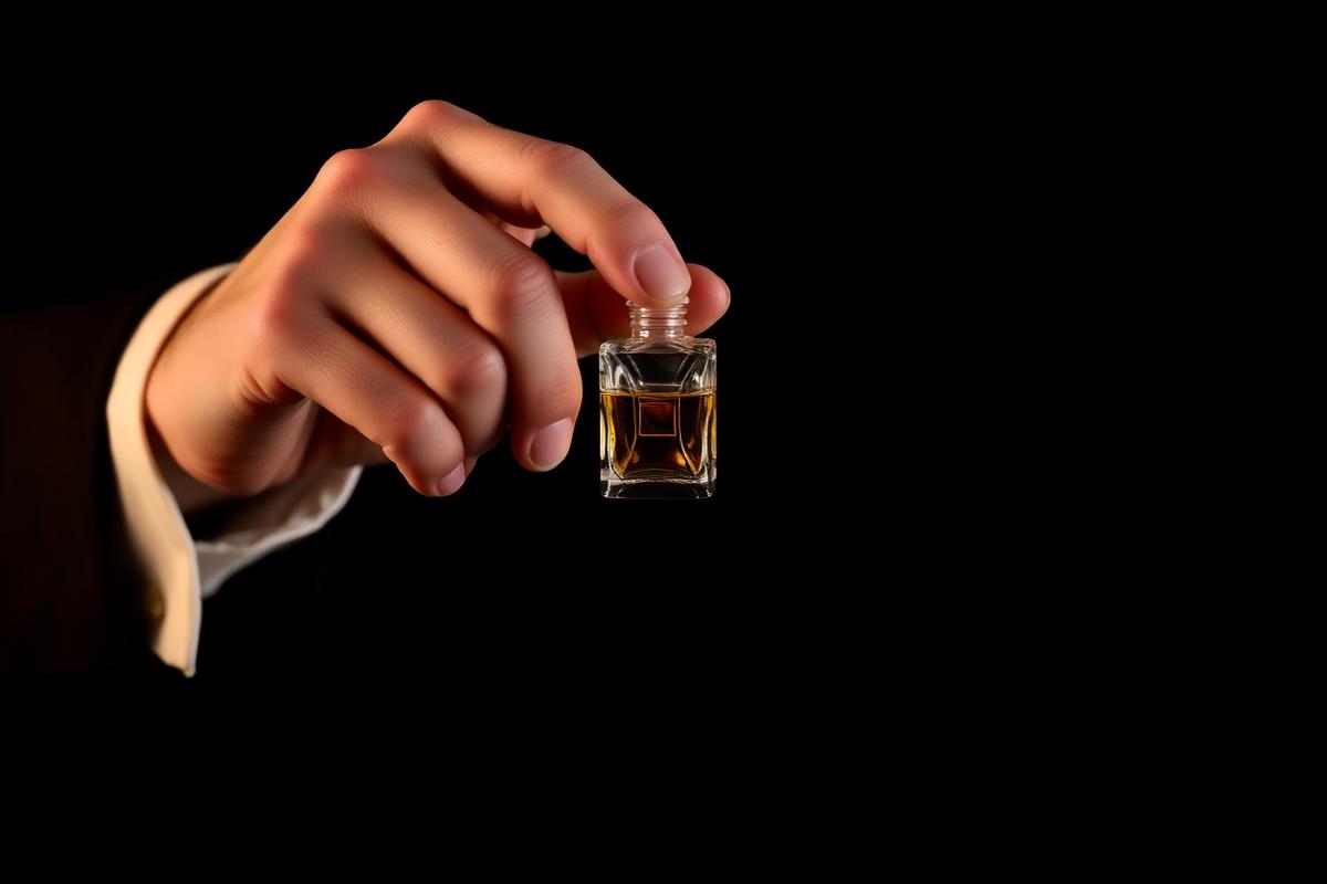 A hand holding a small faceted attar bottle against a dark background