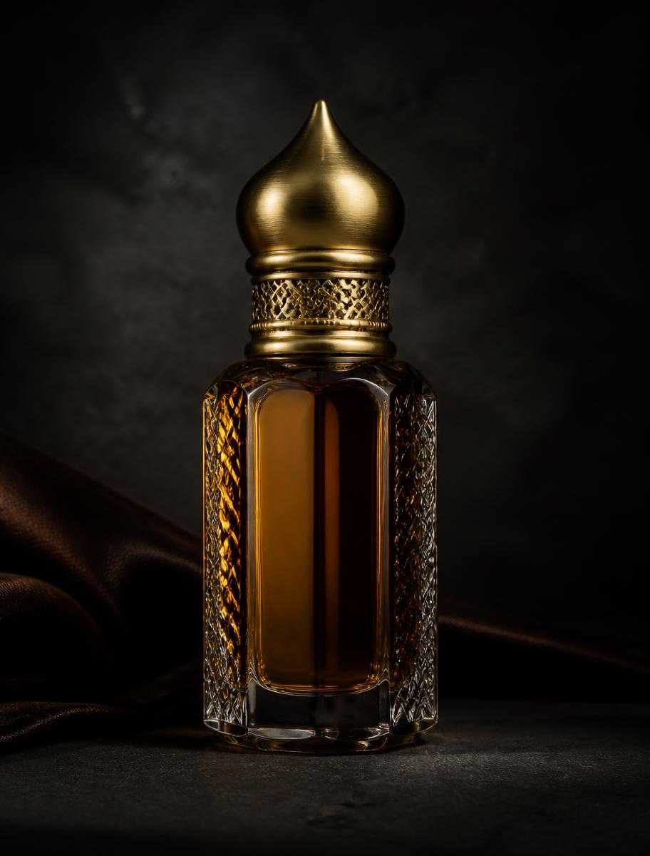 Attars & Ouds, unbranded luxury fragrance still life in low light