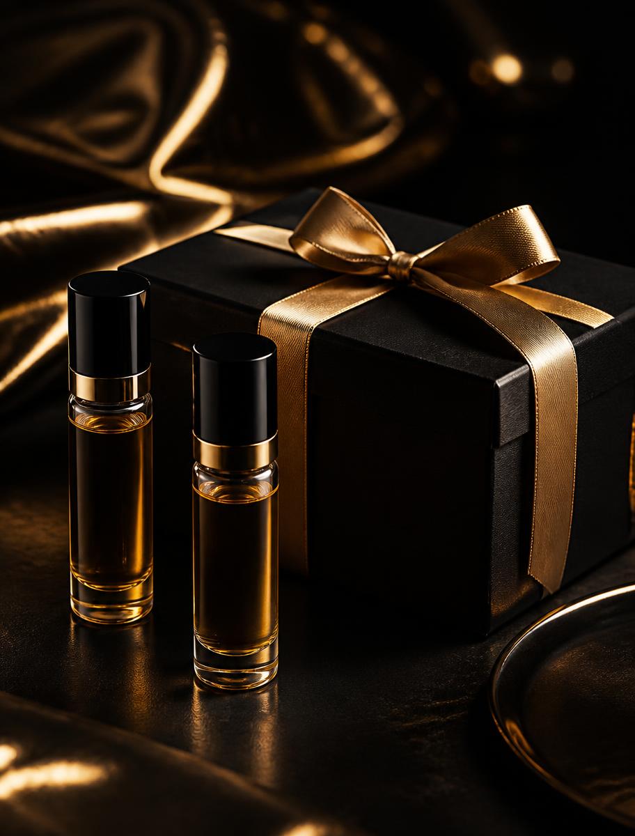 Gift Compositions, unbranded luxury fragrance still life in low light