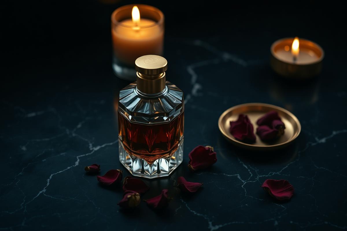 Vintage perfume materials and a faceted attar bottle lit by candlelight
