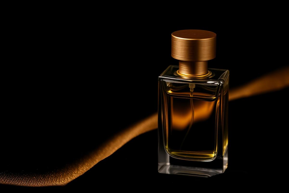 A luxury perfume bottle with brushed gold cap on black velvet with golden light