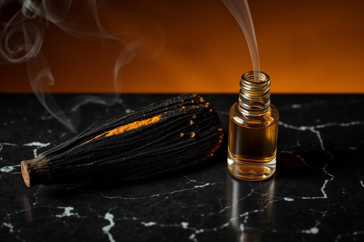 Dark oud wood with golden resin beside a small glass attar bottle